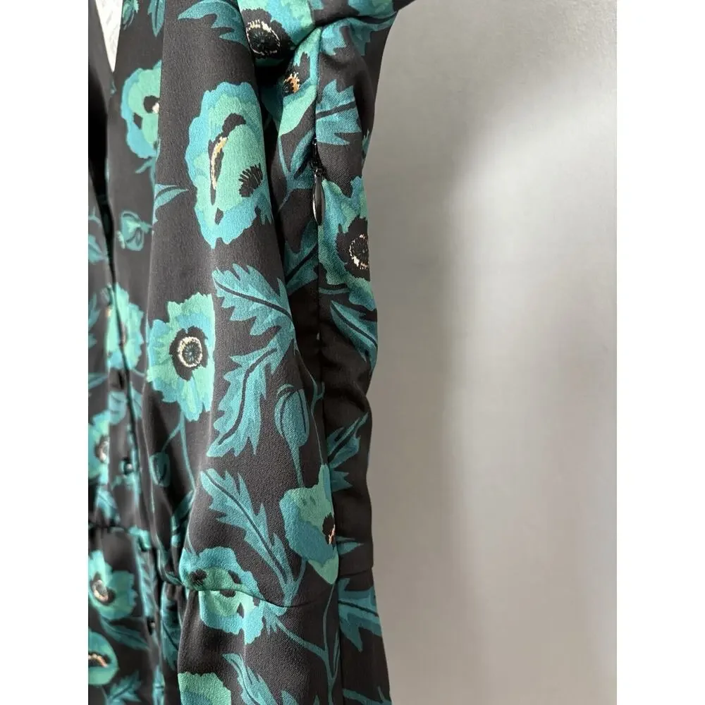 J. Crew Satin Back Crepe Button-front Blouse 0 Black Green Floral V-Neck NWT - Picture 7 of 12